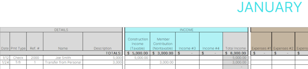 Bookkeeping example with income as construction income