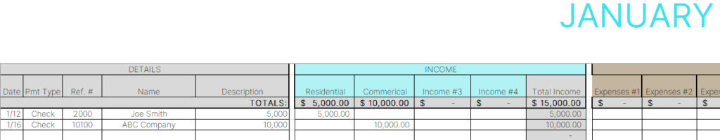 Bookkeeping example with income as separated by residential and commercial