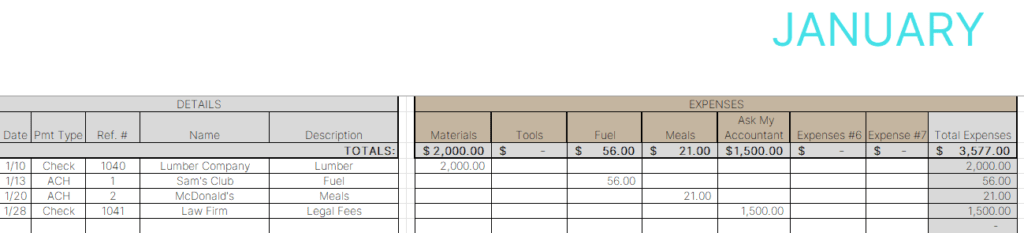 Bookkeeping example with expenses 