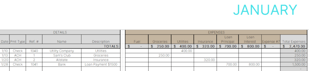 Bookkeeping example with expenses added in