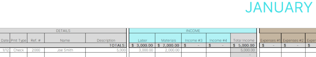 Bookkeeping example with income as separated by labor and materials