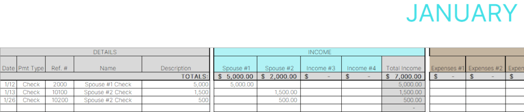 Bookkeeping example with income separated by spouses