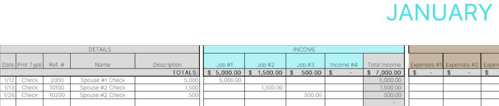 Bookkeeping example with income separated by jobs